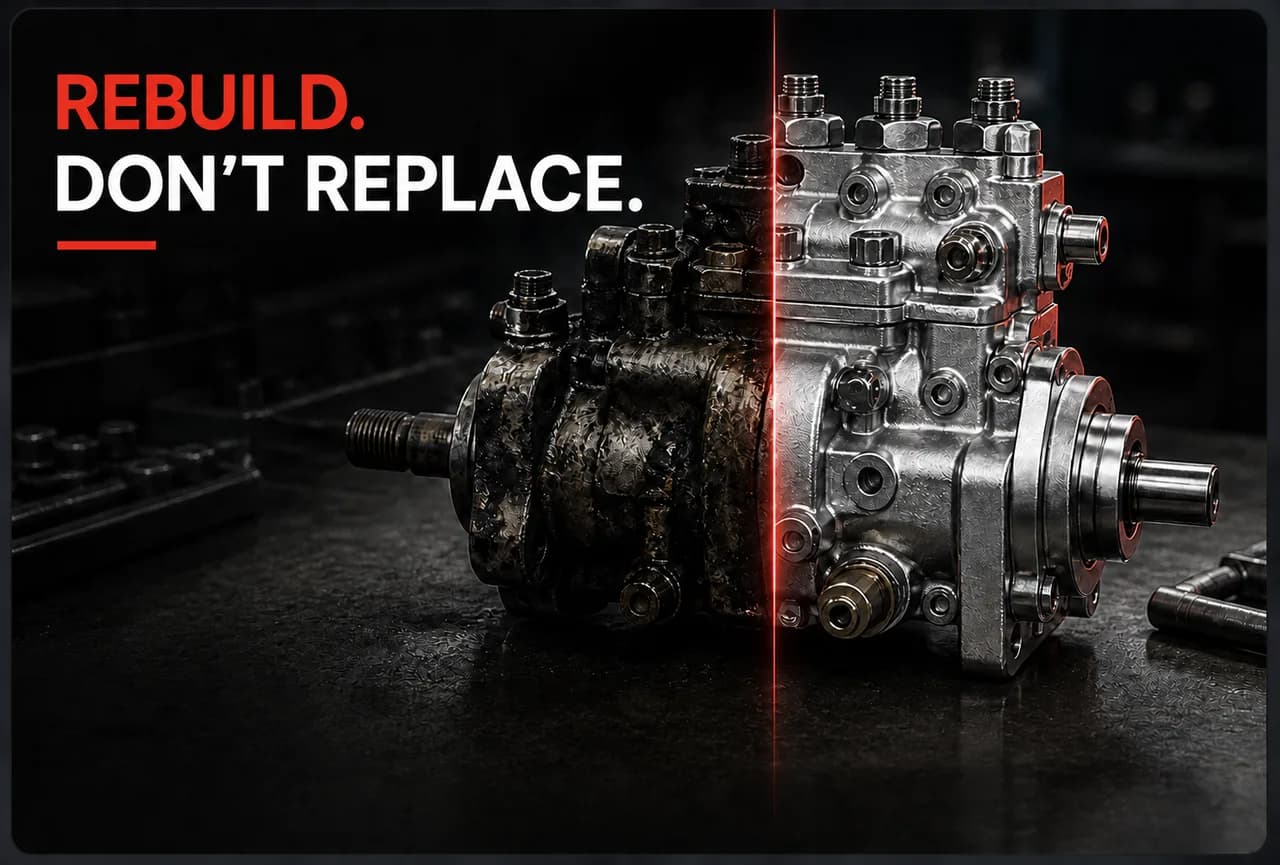 A worn diesel pump next to the same pump rebuilt to like-new condition, split down the middle — rebuild, don't replace