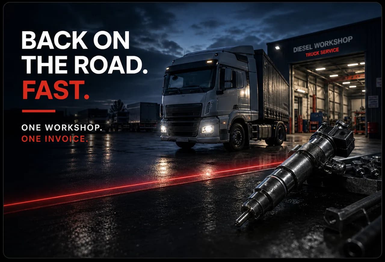 A truck outside a diesel workshop at night, with a removed injector in the foreground — back on the road, fast