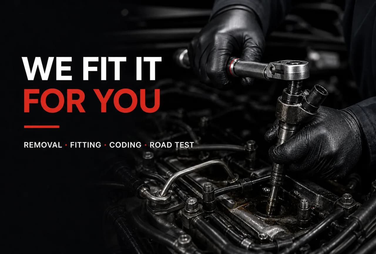 A technician's gloved hands fitting a diesel injector into an engine head with a torque wrench — we fit it for you