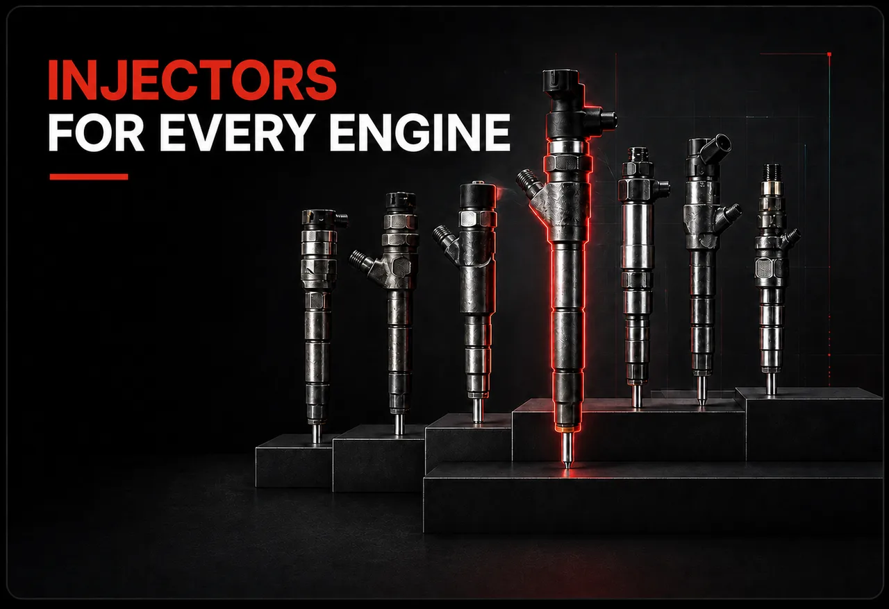 A lineup of different diesel injectors on display stands, one lit in red — injectors for every engine