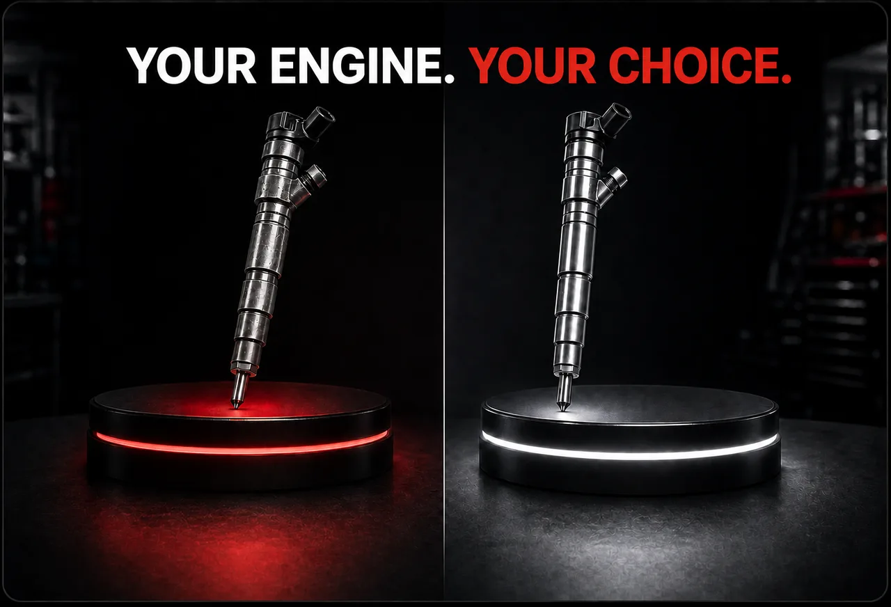 The same diesel injector shown twice on display stands, one lit red for rebuilt and one lit white for brand new — your engine, your choice