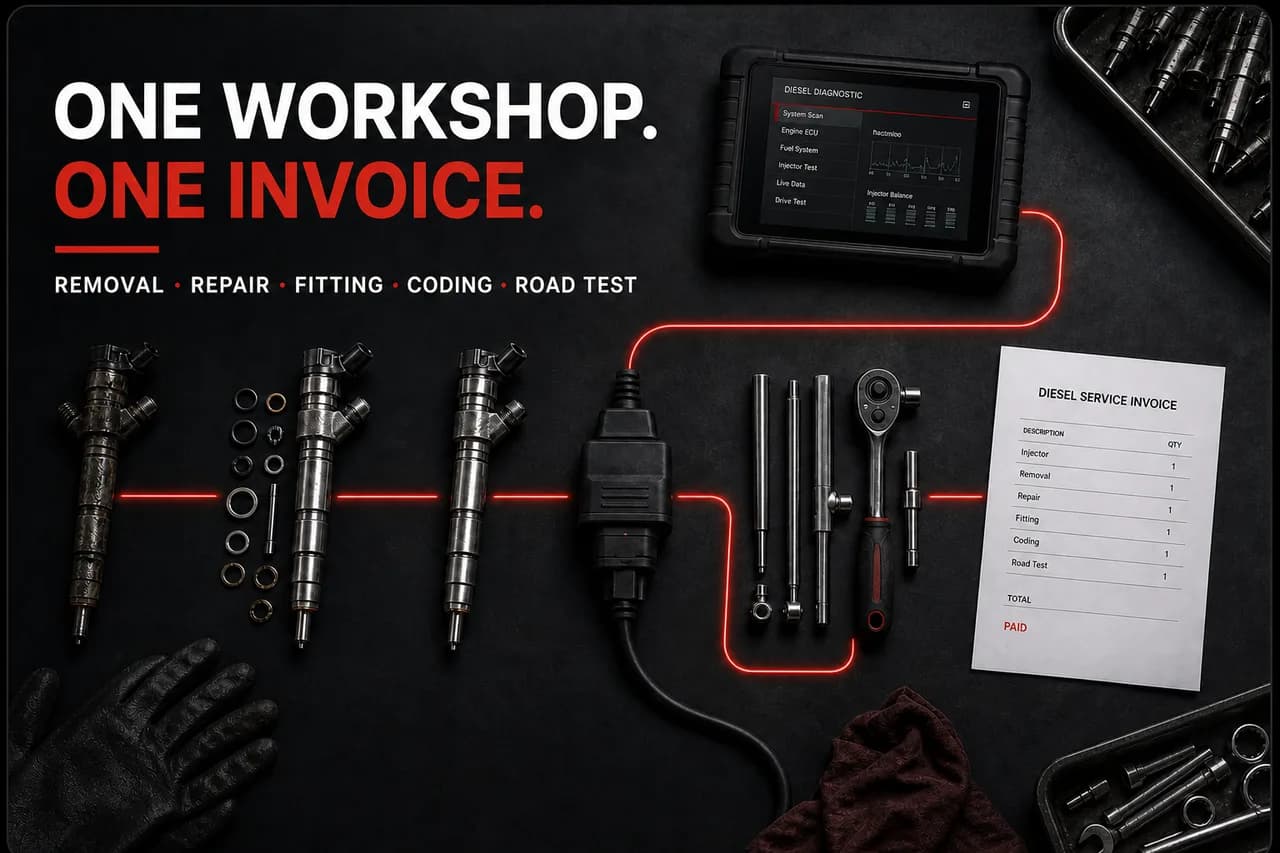 Diesel injectors, tools and a diagnostic tablet laid out next to a paid service invoice — one workshop, one invoice